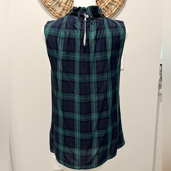 Sleeveless Plaid Blouse with Velvet Trim & Shimmery Button - Picture 2 of 8